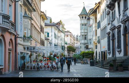 historic streets of the city of Bolzano: a city in the South Tyrol (Trentino Alto Adige) province of northern Italy. Stock Photo
