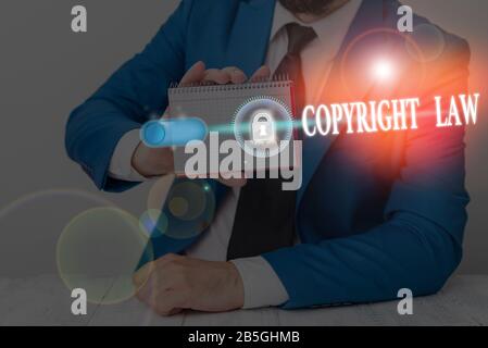 Text sign showing Copyright Law. Business photo showcasing body of law that governs the original works of authorship Stock Photo