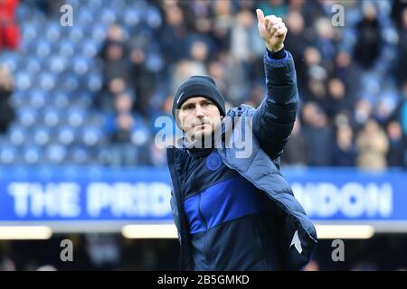 LONDON, ENGLAND - MARCH 8TH Chelsea FC manager Frank Lampard celebrating the victory during the Premier League match between Chelsea and Everton at Stamford Bridge, London on Sunday 8th March 2020. (Credit: Ivan Yordanov | Credit: MI News & Sport /Alamy Live News Stock Photo