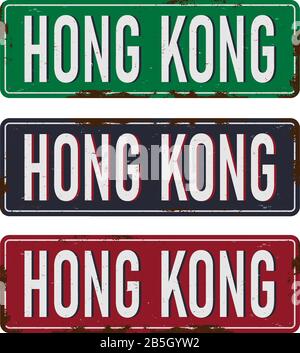 Road Sign set text Hong Kong, Blue, green and red sign in the city Stock Vector