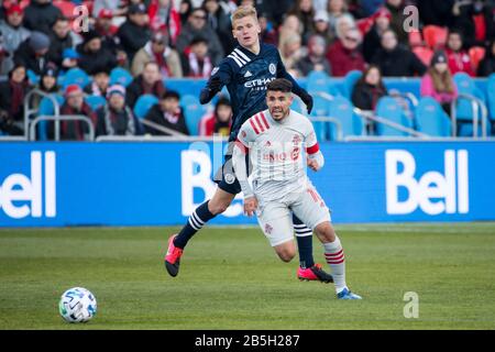 March 7, 2020, Toronto, Ontario, Canada: Alejandro Pozuelo (10) and Keaton Parks (55) in action during the  MLS game between between Toronto FC and New York Ciity FC. Toronto won 1-0 (Credit Image: © Angel Marchini/ZUMA Wire) Stock Photo