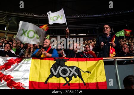 Madrid, Spain. 08th Mar, 2020. Madrid, Spain. March 8, 2020. Supporters of far-right party VOX waiving flags during the 'Vistalegre III' rally, coinciding with the International Women's Day. Credit: Marcos del Mazo/Alamy Live News Stock Photo