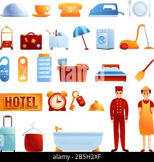 Room service icons set. Cartoon set of room service vector icons for web design Stock Vector