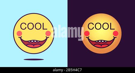 Emoji face icon with phrase Cool. Funny emoticon with text Cool. Set of cartoon faces, emotion icon for social media communication, amazing sticker an Stock Vector