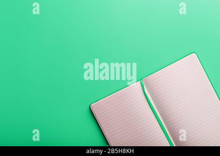 Open notebook, a book with blank and blank pages on a green background, top view. Layout for design, free space Stock Photo