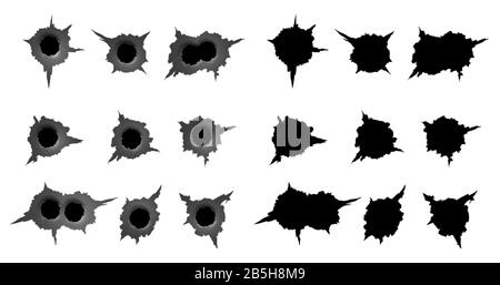 set of bullet holes. different damaged element from bullet on metallic surface. vector illustration Stock Vector