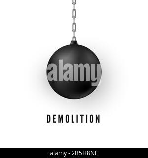 Heavy black wrecking ball for buildings destruction. Realistic Demolition Sphere. Vector illustration isolated on white background Stock Vector