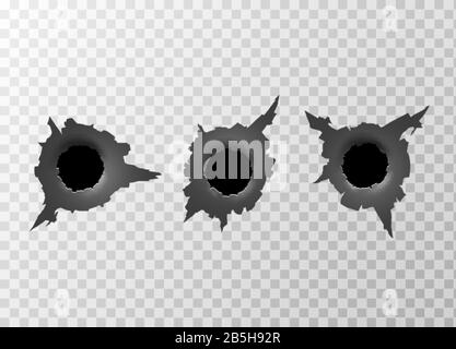Bullet Hole. Torn surface from bullet. Ripped metal on transparent background. Vector illustration Stock Vector
