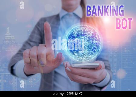 Handwriting text writing Banking Bot. Conceptual photo application that runs automated banking tasks over the Internet Elements of this image furnishe Stock Photo