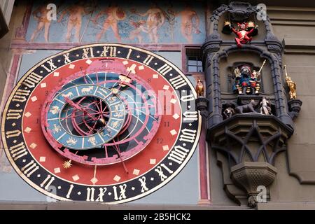 Astronomical clock on the medieval Zytglogge clock tower in Kramgasse street in old city center of Bern, Switzerland. Stock Photo