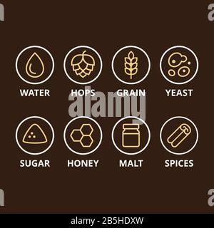 Beer ingredient icons. Basic ingredients like hops, grain and yeast, and optional add-ins. Homebrewing, craft beer making symbol set. Stock Vector