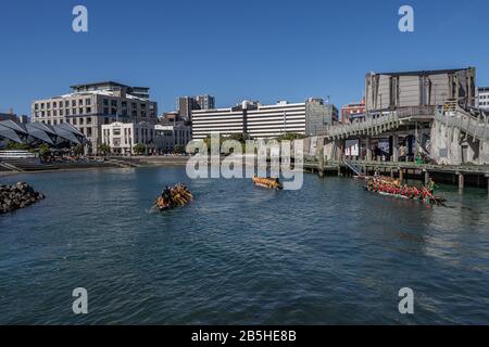 Dragon Boat Teams in lagoon Stock Photo