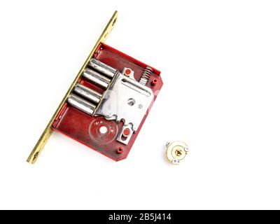 Door lock disassembled on a white background. Stock Photo