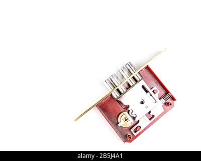 Door lock disassembled on a white background. Stock Photo