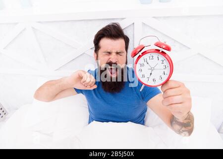 Health benefits of rising early. Waking up early gives more time. Hipster bearded man in bed with alarm clock. Time to wake up. Healthy habits. Beginning of awesome day. Wake up early every morning. Stock Photo