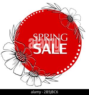 Spring sale. Hand drawn vector flowers on red circle. Floral frame Stock Vector