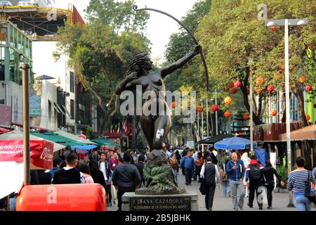 Fountain of the Diana the Huntress in Mexico city on the Paseo de la Reforma. Fuente de la Diana la Cazadora. Stock Photo