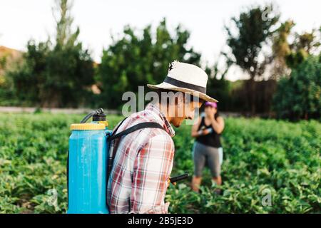 Young farmer spraying organic fertilizer with manual pump tank wearing an old hat and plaid shirt Stock Photo