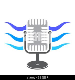 Retro Microphone Icon with Blue Sound Waves Icon. Music Audio Symbol. Speaker Logo Design. Studio Mic Concept Stock Vector