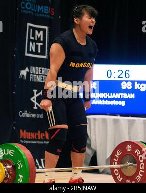 Columbus Ohio USA. 8 March 2020. Ankhtsetseg Munkhjanstan MGA snatches 98 kgs. in the 76kg. class at the IWF Rogue World Challenge in the Arnold Sports Festival in Columbus Ohio USA. Columbus Ohio USA...