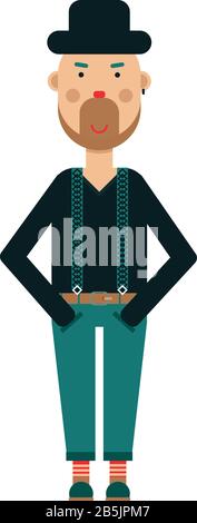 Hipster in pants, sweater and black hat standing with smiling face and looking at camera, vector illustration Stock Vector