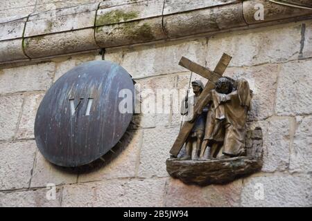 The Via Dolorosa - processional route in the Old City of Jerusalem, believed to be the path that Jesus walked on the way to his crucifixion -VIstation Stock Photo