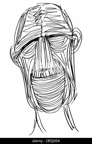 Ink Drawing (Sketch, Hatch Work) of an Expressive Face (Old Man) in a Textured Unique Style. Artistic Manual Illustration. Stock Photo