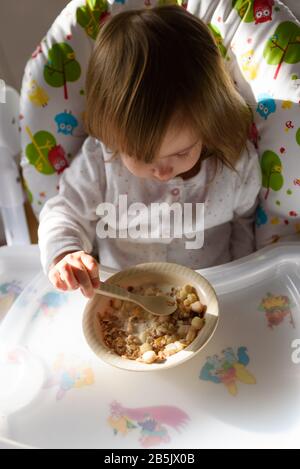 Two years old eats brakefast by herself with a spoon. Stock Photo