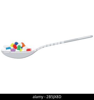 Pills and capsules in spoon vector illustration isolated on white background. Stock Vector