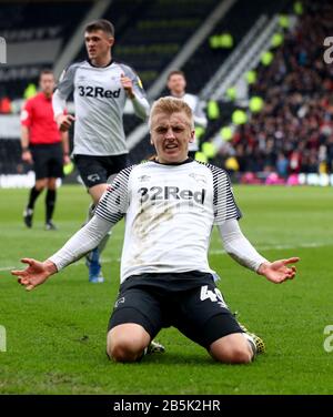 Derby County's Louie Sibley celebrates scoring his side's first goal of the game during the Sky Bet Championship match at Pride Park, Derby. Stock Photo