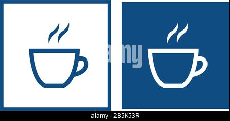 Cup of hot drink. The symbol is located in a square frame. Vector blue icons. Stock Vector