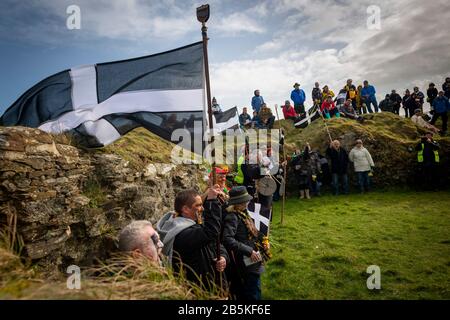 Perranporth Dunes, Perranporth, Cornwall, UK. 08/03/2020. The annual march of St Piran in Cornwall is lead by the saint and his disciples. Stock Photo