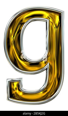 3D rendering. Lowercase Letter g. Recent high resolution ABC render.  Crisp Door number style font. Embossed metal bright. Silver rimmed. Isolated on Stock Photo