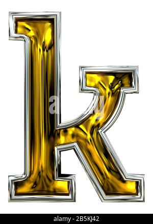 3D rendering. Lowercase Letter k. Embossed metal graphic. Pure Door number style font. Recent high resolution ABC render.  Silver rimmed. Isolated on Stock Photo