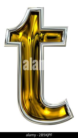 3D rendering. Lowercase Letter t. Embossed metal modern. Recent high resolution ABC render.  Crisp Door number style font. Silver rimmed. Isolated on Stock Photo