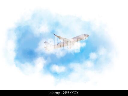 An airplane flying through misty clouds in the sky. Collage with clouds made with computer generated watercolor painting on white background with copy Stock Photo
