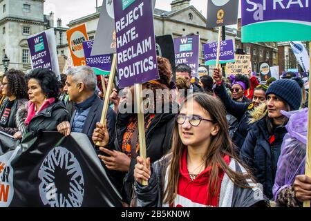 LONDON/ENGLAND – MARCH 8th 2020: Protesters at the MARCH 4 WOMEN protest in central London Stock Photo