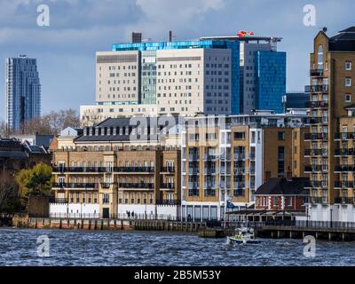 Royal London Hospital from the River Thames, London Air Ambulance is based on the roof.  Built 2012, architects Skanska & HOK architects. Stock Photo