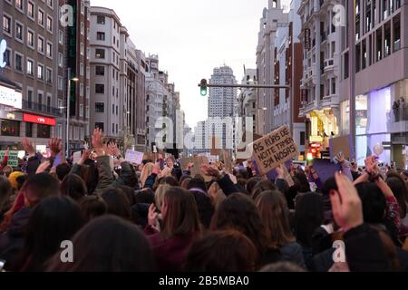 Madrid, Spain. 08th Mar, 2020.  Manifestation vindicating the rights of women on International Women's Day in Madrid. Gran Via, Madrid, Spain. Credit: EnriquePSans / Alamy Live News Stock Photo