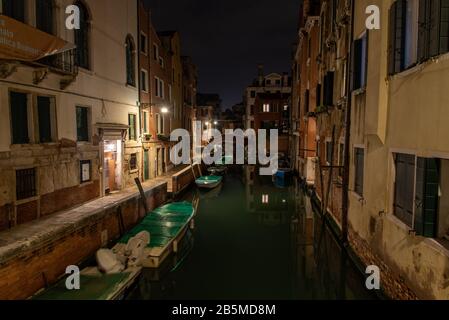 Midnight at a Canal in Cannaregio, nobody on the Street, Venice/Italy Stock Photo