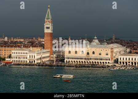 The St. Mark's Square in Venice during Bad Weather and High Tide, view from Campanile di San Giorgio, Venice/Italy Stock Photo