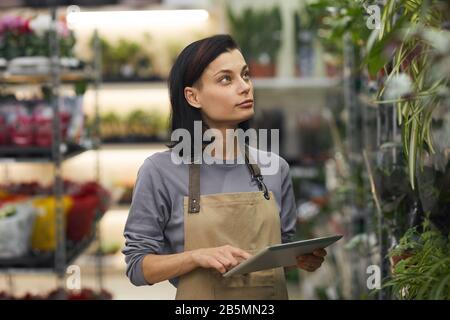 Waist up portrait of female business owner using digital tablet while standing in flower shop, copy space Stock Photo