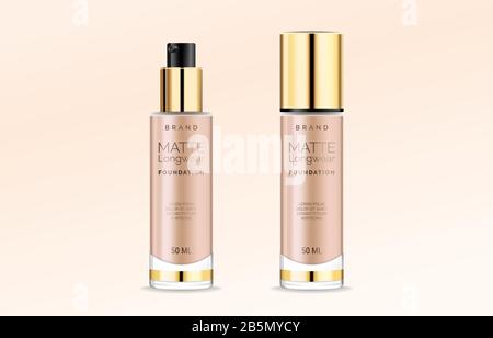 Foundation makeup, advertising design template for catalog with concealer, BB cream packaging tube mock up vector illustration. Stock Vector