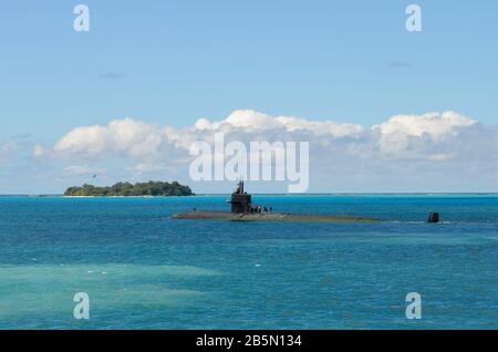 U.S. Navy aboard the Los Angeles-class nuclear-powered attack submarine USS La Jolla transits the Philippine Sea following a port visit January 16, 2013 in Saipan. Stock Photo