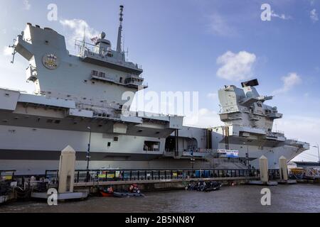 HMS Prince of Wales aircraft carrier at Princes Dock, Liverpool Stock Photo