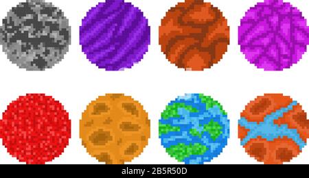 Pixel art planets isolated vector set Stock Vector