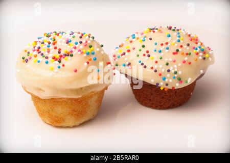 Chocolate and Vanilla Cupcakes with Rainbow Sprinkles Stock Photo