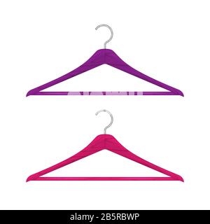 Realistic wooden clothes hanger set isolated on white. Saturated pink and purple hangers. illustration. Stock Photo