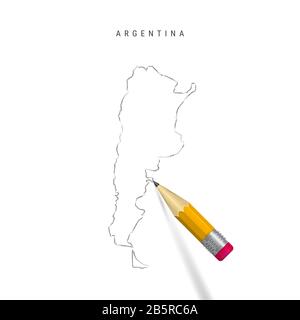 Argentina freehand pencil sketch outline map isolated on white background. Empty hand drawn map of Argentina. Realistic 3D pencil with soft shadow. Stock Photo