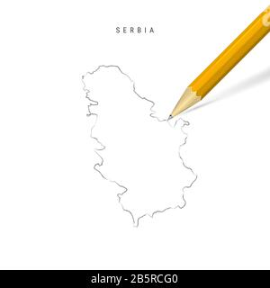 Serbia freehand pencil sketch outline map isolated on white background. Empty hand drawn map of Serbia. Realistic 3D pencil with soft shadow. Stock Photo